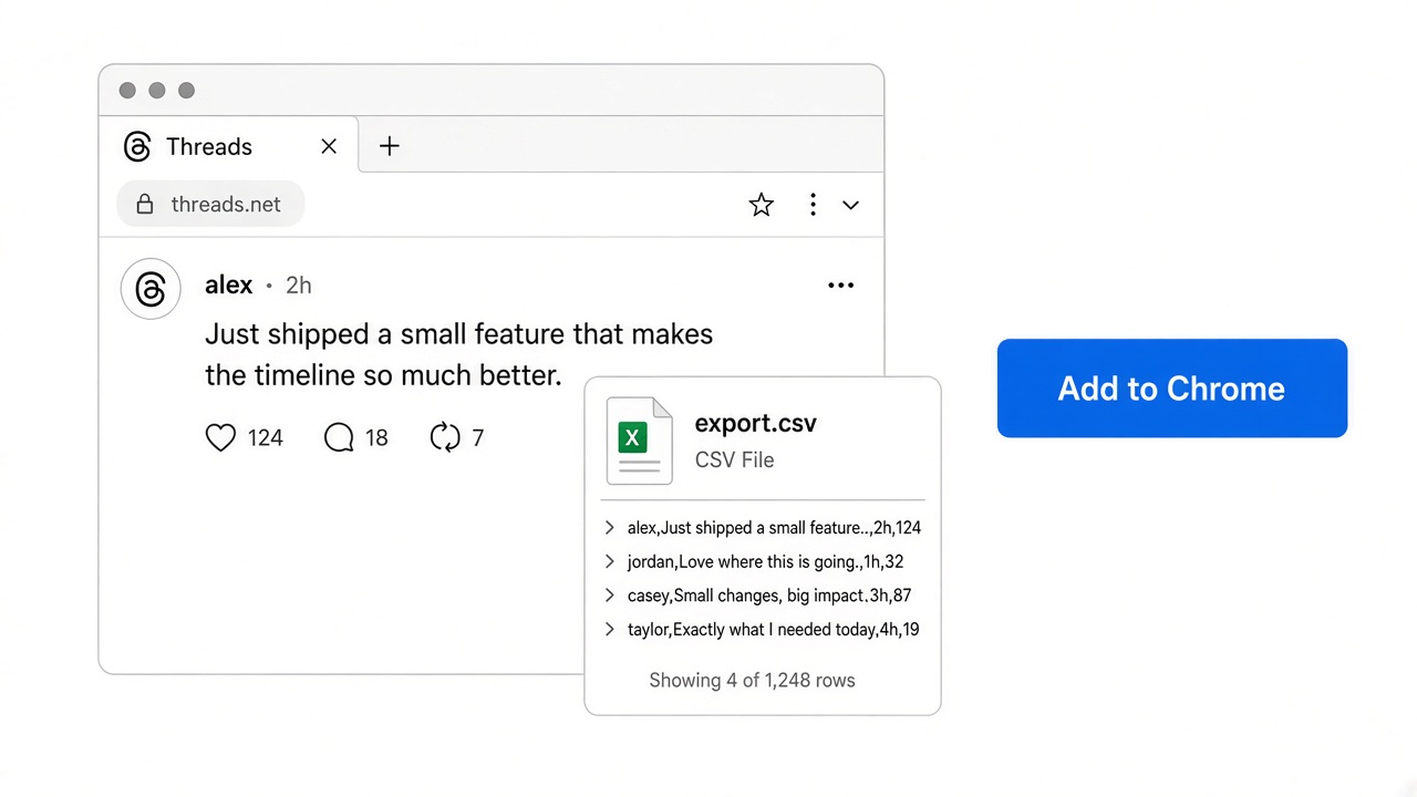 Threads Export Tool saves posts, replies, and likers to CSV, Excel, or JSON